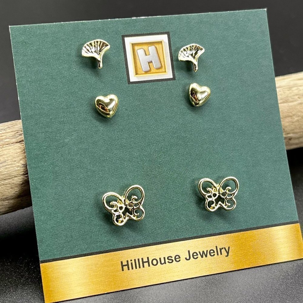 Gold Stud Earrings Set of 3 | Butterfly Heart Ginkgo - Picture 4 of 5